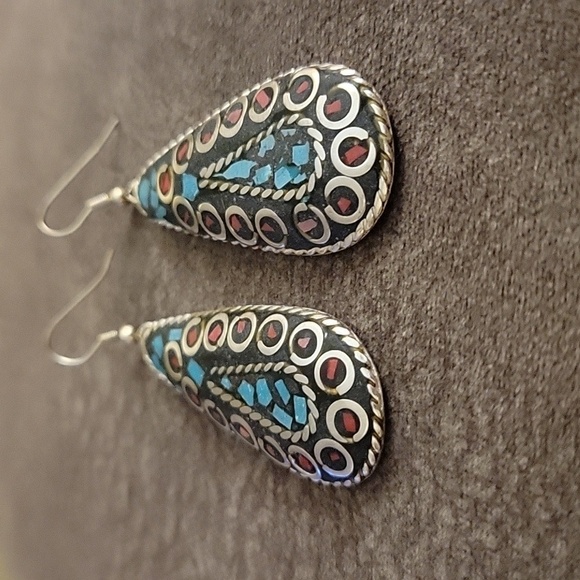 Tibetan Silver Turquoise Coral Mosaic Teardrop Dangle Festival Earrings - Picture 3 of 4